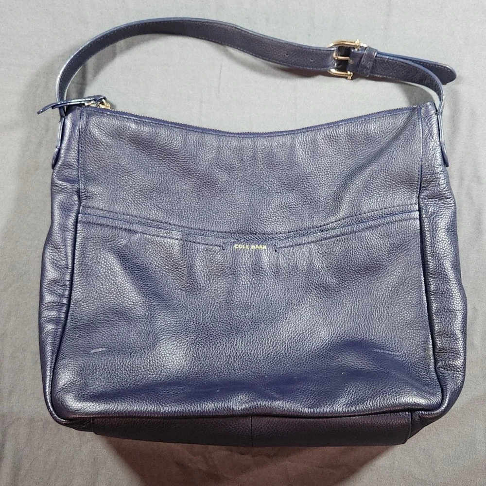 Cole Haan Navy Blue Pebbled Leather Shoulder Bag Purse with Gold-toned Hardware